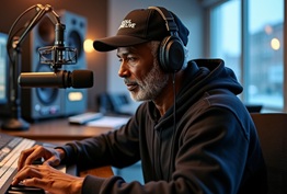 Smiling radio host at a mixing board
